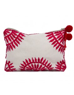 Buidel met rood borduursel, pompons en ritssluiting