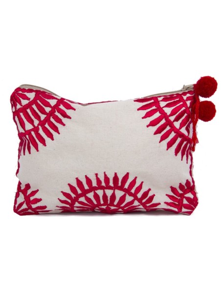 Pouch with red embroidery, pompoms and zipper