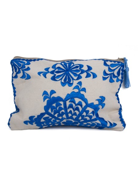 Pochette avec broderie mandalas bleus et fermeture éclair