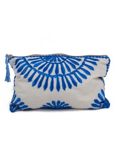 Pochette avec broderie fleurs bleues et fermeture éclair