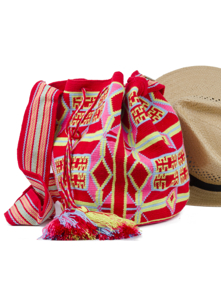 Sac Mochila Wayuu - rouge, jaune et rose