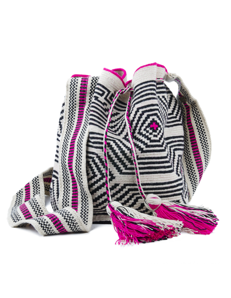 Mochila Wayuu Tasche - schwarz, weiß und magenta