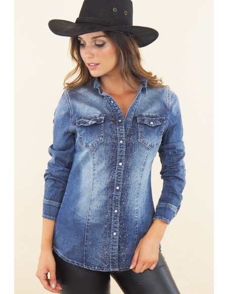Chemise en jean et strass avec poches à rabats
