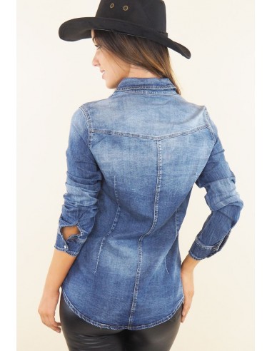 Chemise en jean et strass avec poches à rabats
