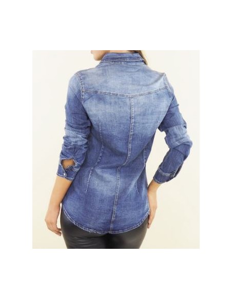 Denim and rhinestone shirt with flap pockets