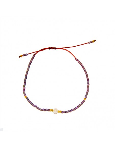 Bracelet bicolore à perles et nacre mauve métallique et rouge