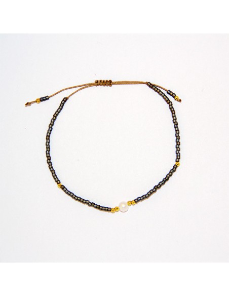 Bracelet bicolore à perles et nacre gris métallique et brun