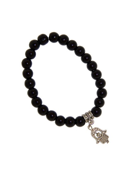Bracelet à perles noires et main de Fatma brillant