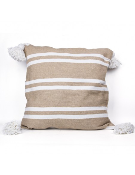 Cushion cover in cotton with beige and white stripes and tassels