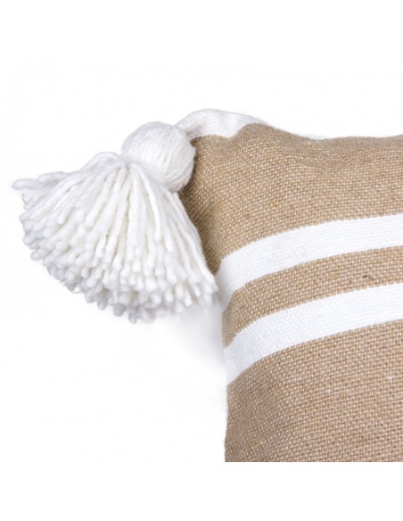 Housse de coussin en coton lignée beige et blanc et à pompons