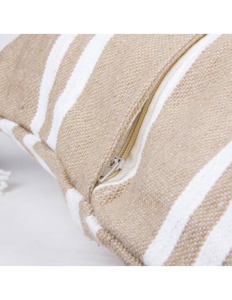 Housse de coussin en coton lignée beige et blanc et à pompons