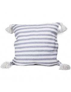 Housse de coussin en coton lignée gris et blanc et à pompons