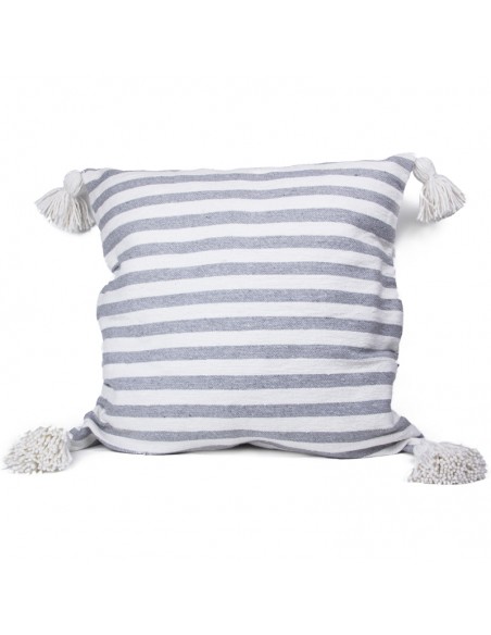 Housse de coussin en coton lignée gris et blanc et à pompons