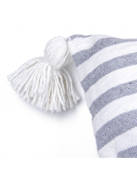 Housse de coussin en coton lignée gris et blanc et à pompons