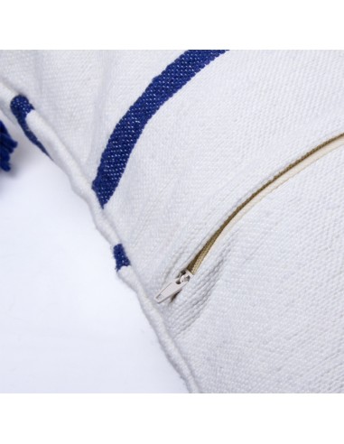 White cotton cushion cover with blue lines and tassels