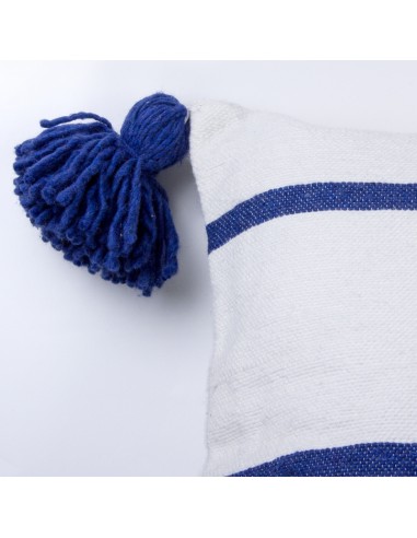 Housse de coussin en coton blanche lignée bleu et à pompons