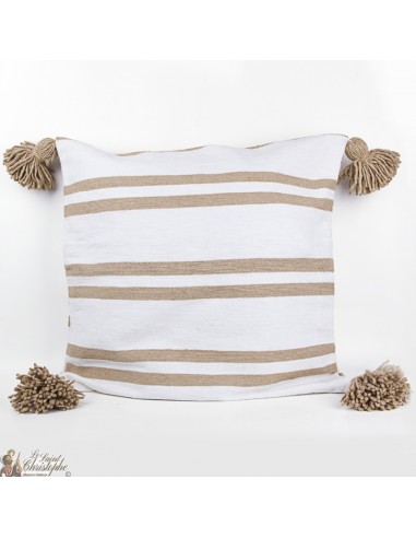 White cotton cushion cover with beige lines and tassels