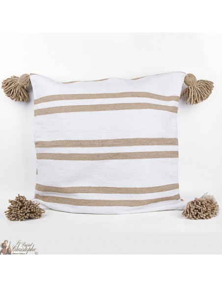 Housse de coussin en coton blanche lignée beige et à pompons