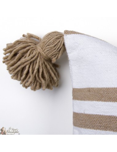 White cotton cushion cover with beige lines and tassels