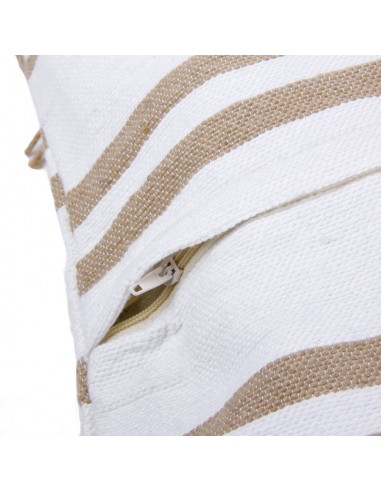 White cotton cushion cover with beige lines and tassels