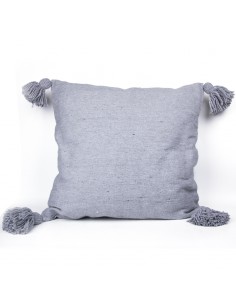 Housse de coussin en coton gris et à pompons