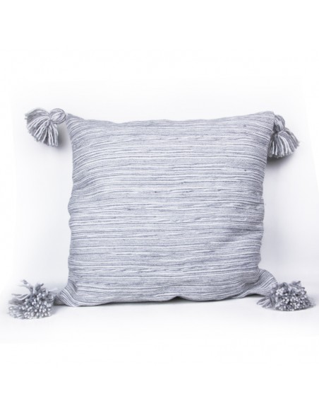 Housse de coussin en coton lignée gris et blanc et à pompons
