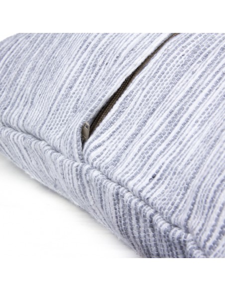 Housse de coussin en coton lignée gris et blanc et à pompons