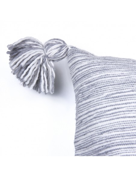 Grey and white cotton cushion cover with tassels