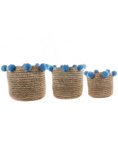 Set of palm leaf baskets with light blue tassels
