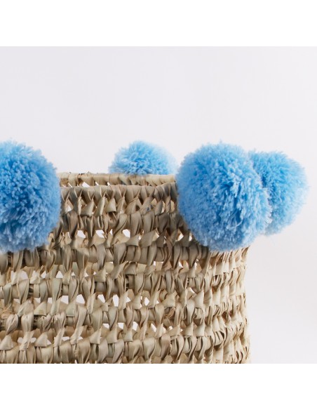 Set de paniers en feuille de palmier à pompons bleu clair