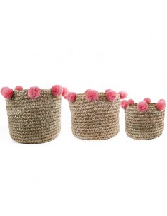 Set of palm leaf baskets with pink pompons