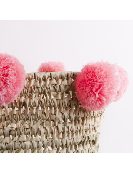 Set of palm leaf baskets with pink pompons