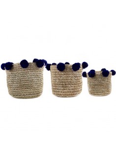 Set of palm leaf baskets with indigo tassels