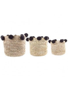 Set de paniers en feuille de palmier à pompons gris taupe