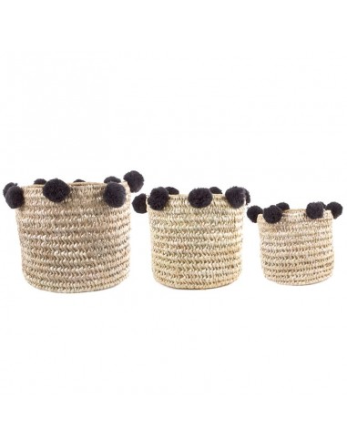 Set aus Palmblattkörben mit taupegrauen Pompons