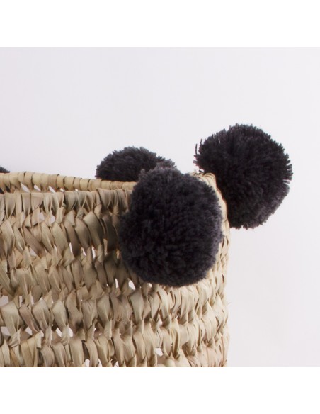 Set aus Palmblattkörben mit taupegrauen Pompons