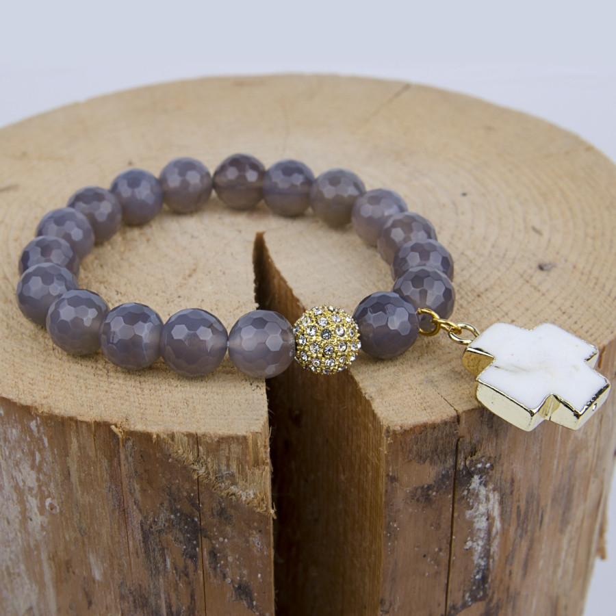 Bracelet agate facettée avec croix turquoise blanche - plaqué or
