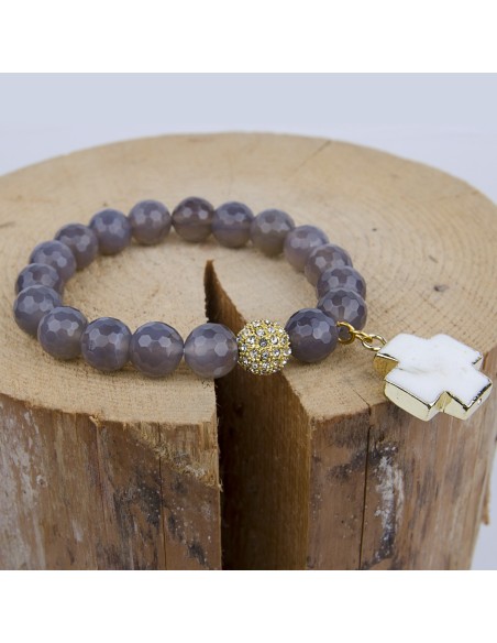 Bracelet agate facettée avec croix turquoise blanche - plaqué or