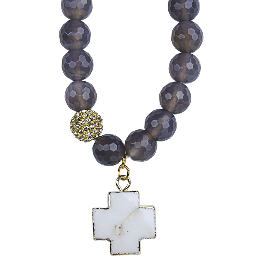 Bracelet agate facettée avec croix turquoise blanche - plaqué or