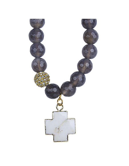 Bracelet agate facettée avec croix turquoise blanche - plaqué or