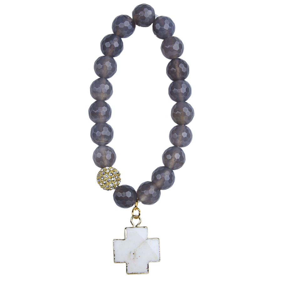 Bracelet agate facettée avec croix turquoise blanche - plaqué or