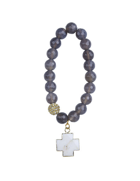 Bracelet agate facettée avec croix turquoise blanche - plaqué or
