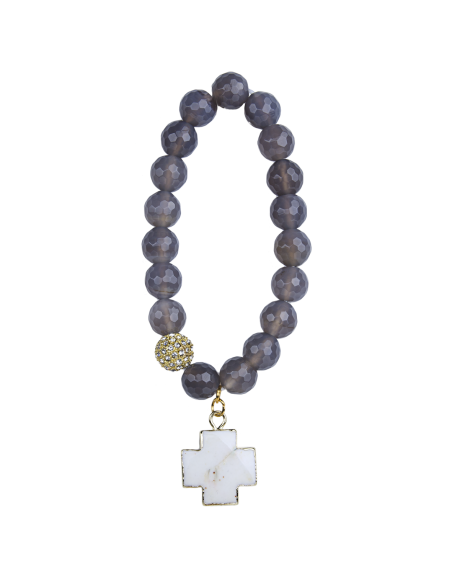 Faceted agate bracelet with white turquoise cross - gold plated