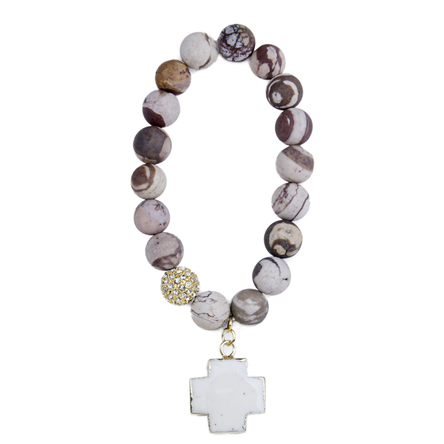 Bracelet agate avec croix turquoise blanche - plaqué or