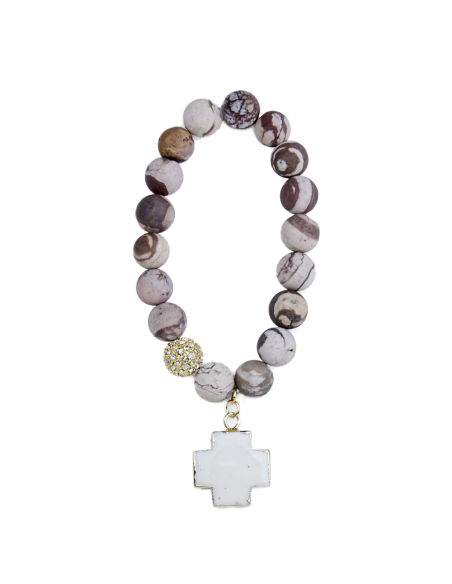 Bracelet agate avec croix turquoise blanche - plaqué or