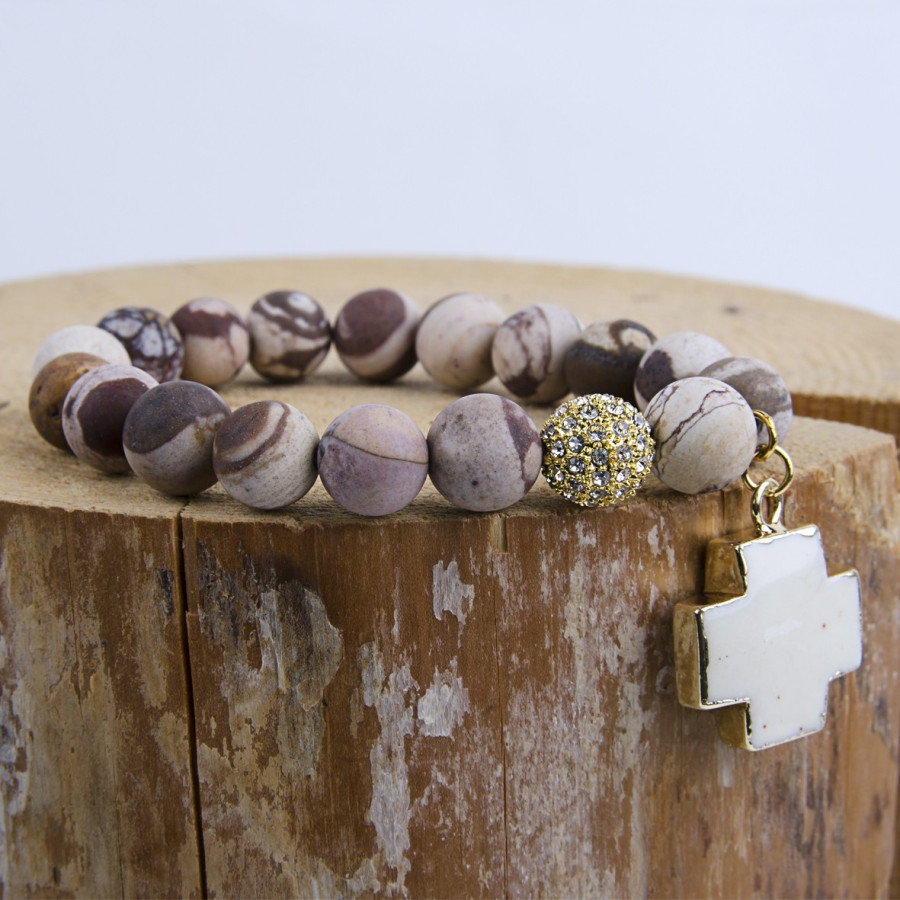 Bracelet agate avec croix turquoise blanche - plaqué or