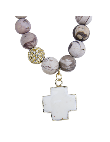 Bracelet agate avec croix turquoise blanche - plaqué or