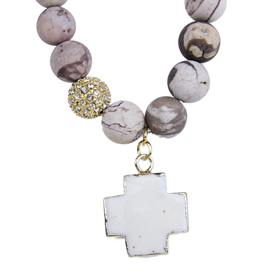 Bracelet agate avec croix turquoise blanche - plaqué or