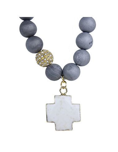 Grijze agaat armband met wit turquoise kruis - verguld