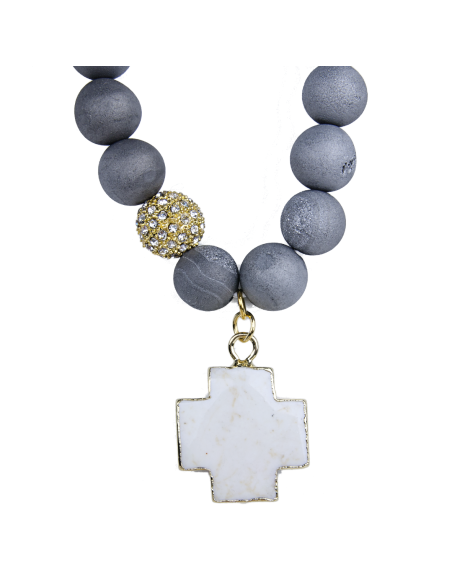 Graues Achat-Armband mit weißem Türkis-Kreuz - vergoldet